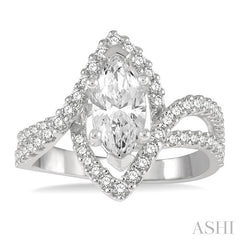 5/8 Ctw Marquise Shape Split Bypass Shank Round Cut Diamond Semi-Mount Engagement Ring in 14K White Gold