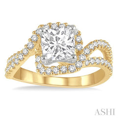 5/8 Ctw Cushion Shape Split Bypass Shank Round Cut Diamond Semi-Mount Engagement Ring in 14K Yellow and White Gold