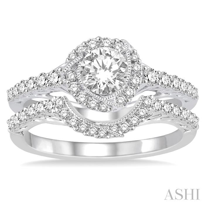 3/4 Ctw Diamond Wedding Set with 1/2 Ctw Round Cut Engagement Ring and 1/4 Ctw Wedding Band in 14K White Gold