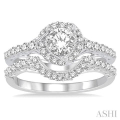 3/4 Ctw Diamond Wedding Set with 1/2 Ctw Round Cut Engagement Ring and 1/4 Ctw Wedding Band in 14K White Gold