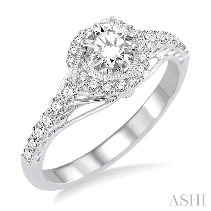 1/2 Ctw Diamond Engagement Ring with 1/5 Ct Round Cut Center Stone in 14K White Gold