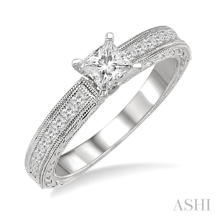 3/4 Ctw Diamond Engagement Ring with 3/8 Ct Princess Cut Center Stone in 14K White Gold