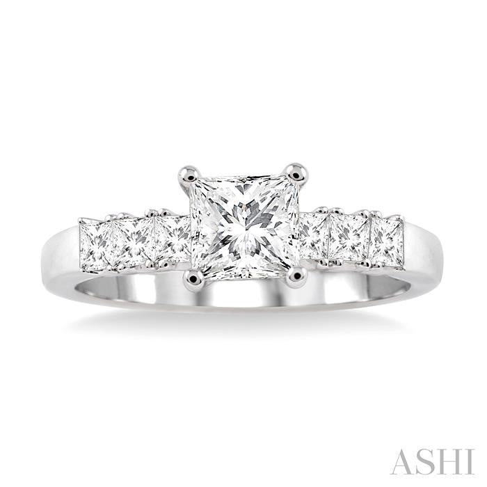 1 Ctw Diamond Engagement Ring with 5/8 Ct Princess Cut Center Stone in 14K White Gold