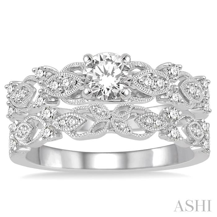 5/8 Ctw Diamond Wedding Set with 1/2 Ctw Round Cut Engagement Ring and 1/6 Ctw Wedding Band in 14K White Gold