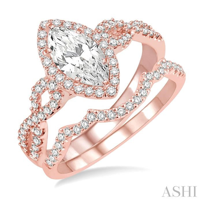 1 1/6 Ctw Round Cut Diamond Wedding Set With 1 Ctw Split Bow Shank Marquise Cut Engagement Ring and 1/6 Ctw Triple Arch Wedding Band in 14K Rose Gold