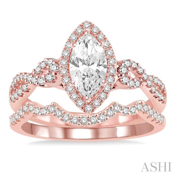 1 1/6 Ctw Round Cut Diamond Wedding Set With 1 Ctw Split Bow Shank Marquise Cut Engagement Ring and 1/6 Ctw Triple Arch Wedding Band in 14K Rose Gold