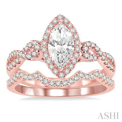 1 1/6 Ctw Round Cut Diamond Wedding Set With 1 Ctw Split Bow Shank Marquise Cut Engagement Ring and 1/6 Ctw Triple Arch Wedding Band in 14K Rose Gold