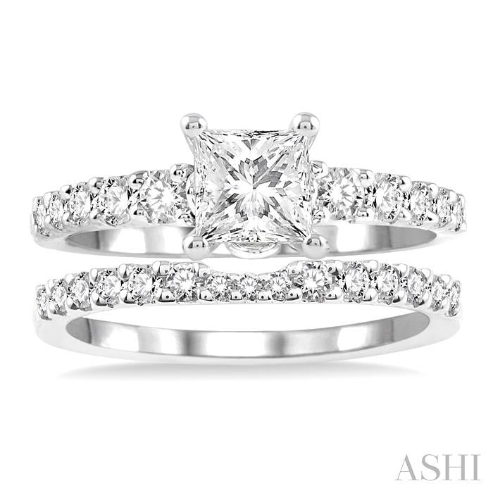 1 Ctw Diamond Wedding Set with 3/4 Ctw Princess Cut Engagement Ring and 1/5 Ctw Wedding Band in 14K White Gold