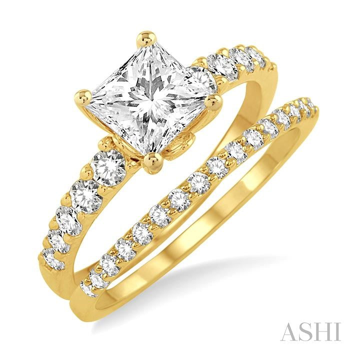 1 Ctw Diamond Wedding Set with 3/4 Ctw Princess Cut Engagement Ring and 1/5 Ctw Wedding Band in 14K Yellow Gold