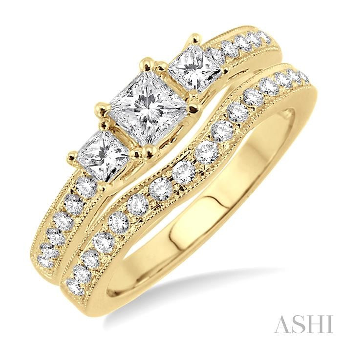 1 Ctw Diamond Wedding Set with 3/4 Ctw Princess Cut Engagement Ring and 1/5 Ctw Wedding Band in 14K Yellow Gold