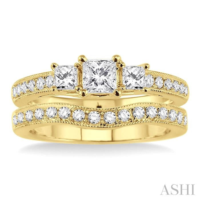 1 Ctw Diamond Wedding Set with 3/4 Ctw Princess Cut Engagement Ring and 1/5 Ctw Wedding Band in 14K Yellow Gold