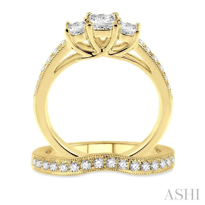 1 Ctw Diamond Wedding Set with 3/4 Ctw Princess Cut Engagement Ring and 1/5 Ctw Wedding Band in 14K Yellow Gold