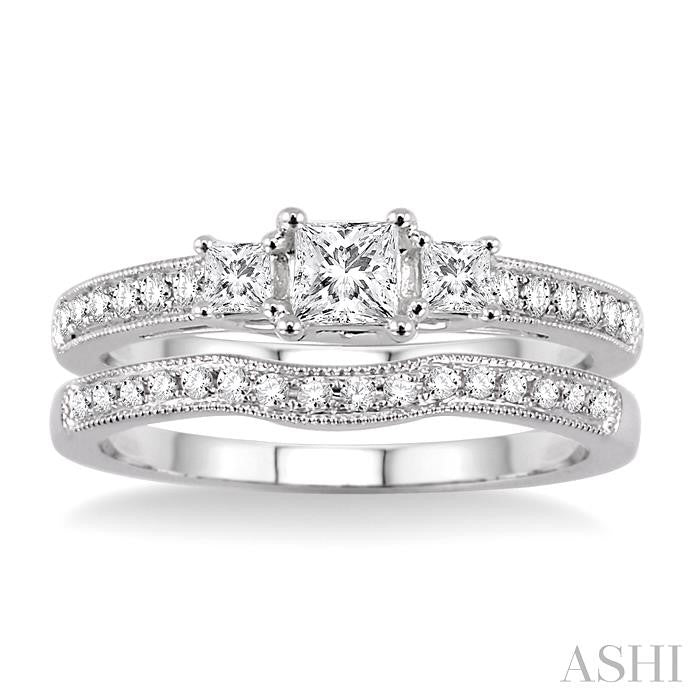 3/4 Ctw Diamond Wedding Set with 1/2 Ctw Princess Cut Engagement Ring and 1/5 Ctw Wedding Band in 14K White Gold
