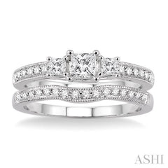 3/4 Ctw Diamond Wedding Set with 1/2 Ctw Princess Cut Engagement Ring and 1/5 Ctw Wedding Band in 14K White Gold