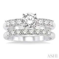 1 3/8 Ctw Diamond Wedding Set with 1 Ctw Round Cut Engagement Ring and 3/8 Ctw Wedding Band in 14K White Gold