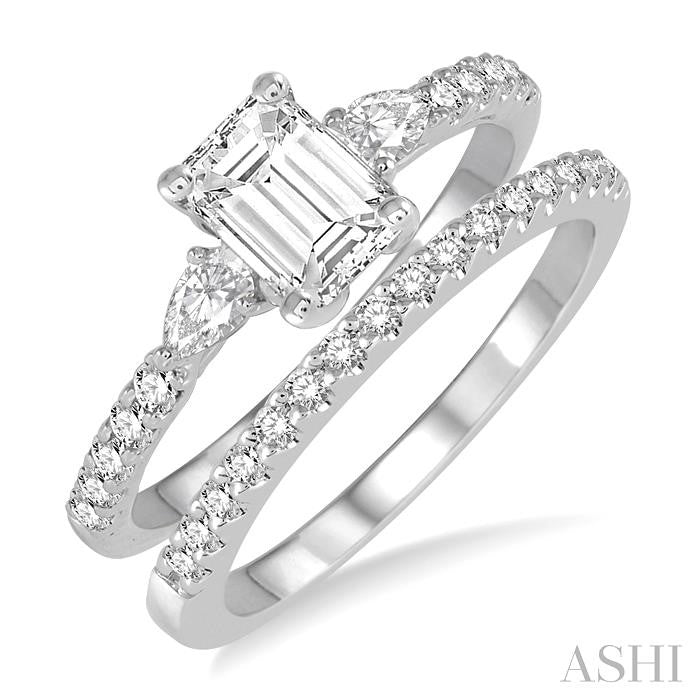 1 Ctw Round, Pear & Octagon Cut Diamond Wedding Set With 7/8 Ctw Engagement Ring and 1/8 Ctw Wedding Band in 14K White Gold