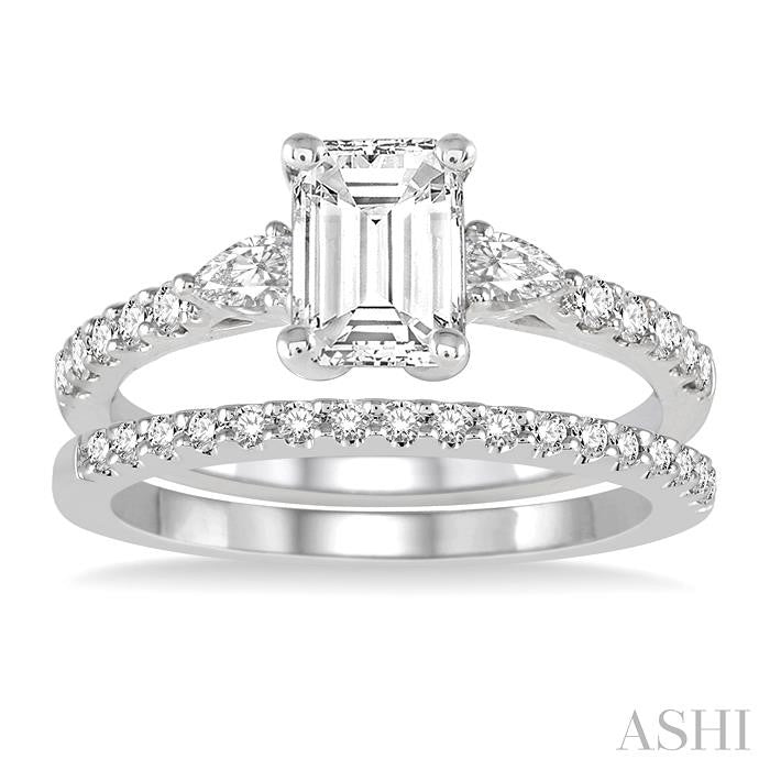 1 Ctw Round, Pear & Octagon Cut Diamond Wedding Set With 7/8 Ctw Engagement Ring and 1/8 Ctw Wedding Band in 14K White Gold