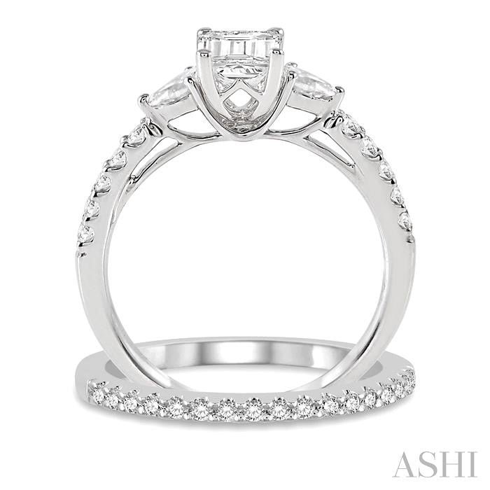 1 Ctw Round, Pear & Octagon Cut Diamond Wedding Set With 7/8 Ctw Engagement Ring and 1/8 Ctw Wedding Band in 14K White Gold