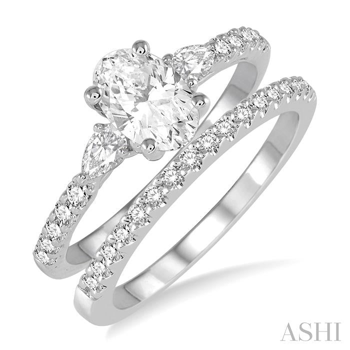 1 Ctw Round, Pear & Oval Cut Diamond Wedding Set With 7/8 Ctw Engagement Ring and 1/8 Ctw Wedding Band in 14K White Gold