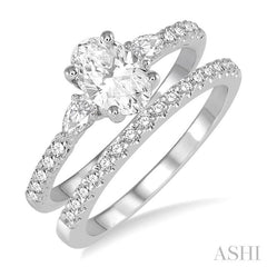 1 Ctw Round, Pear & Oval Cut Diamond Wedding Set With 7/8 Ctw Engagement Ring and 1/8 Ctw Wedding Band in 14K White Gold