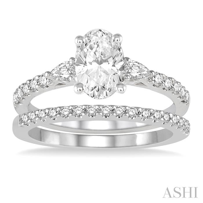 1 Ctw Round, Pear & Oval Cut Diamond Wedding Set With 7/8 Ctw Engagement Ring and 1/8 Ctw Wedding Band in 14K White Gold