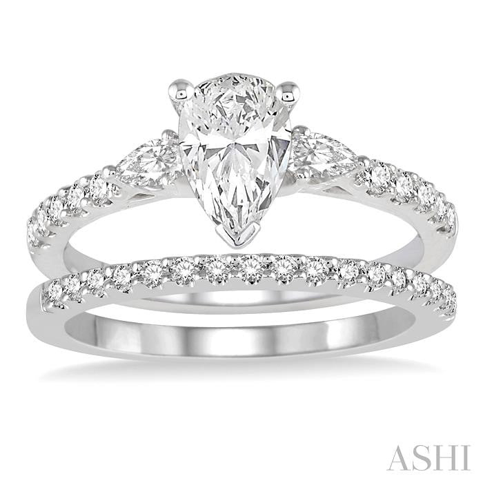 1 Ctw Round & Pear Cut Diamond Wedding Set With 7/8 Ctw Engagement Ring and 1/8 Ctw Wedding Band in 14K White Gold