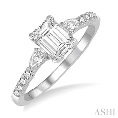 7/8 Ctw Pear & Round Cut Diamond Engagement Ring With 1/2 Ct Emerald Cut Center Stone in 14K White Gold