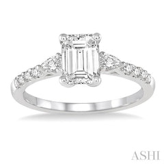 7/8 Ctw Pear & Round Cut Diamond Engagement Ring With 1/2 Ct Emerald Cut Center Stone in 14K White Gold