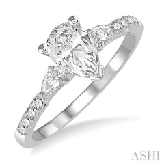 7/8 Ctw Pear & Round Cut Diamond Engagement Ring With 1/2 Ct Pear Cut Center Stone in 14K White Gold