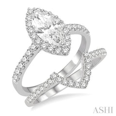 1 Ctw Round Cut Diamond Wedding Set With 3/4 Ctw Engagement Ring With 1/2 Ct Marquise Cut Center Stone and 1/5 Ctw Wedding Band in 14K White Gold