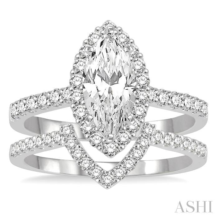 1 Ctw Round Cut Diamond Wedding Set With 3/4 Ctw Engagement Ring With 1/2 Ct Marquise Cut Center Stone and 1/5 Ctw Wedding Band in 14K White Gold