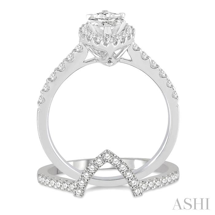 1 Ctw Round Cut Diamond Wedding Set With 3/4 Ctw Engagement Ring With 1/2 Ct Marquise Cut Center Stone and 1/5 Ctw Wedding Band in 14K White Gold