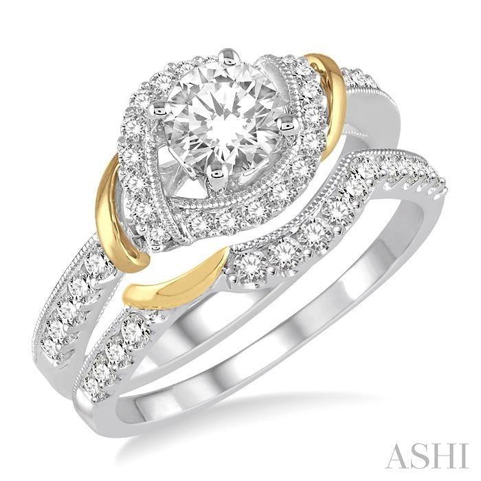 1 1/10 Ctw Diamond Bridal Set with 3/4 Ctw Round Cut Engagement Ring and 1/4 Ctw Wedding Band in 14K White and Yellow Gold