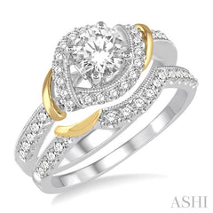 1 1/10 Ctw Diamond Bridal Set with 3/4 Ctw Round Cut Engagement Ring and 1/4 Ctw Wedding Band in 14K White and Yellow Gold