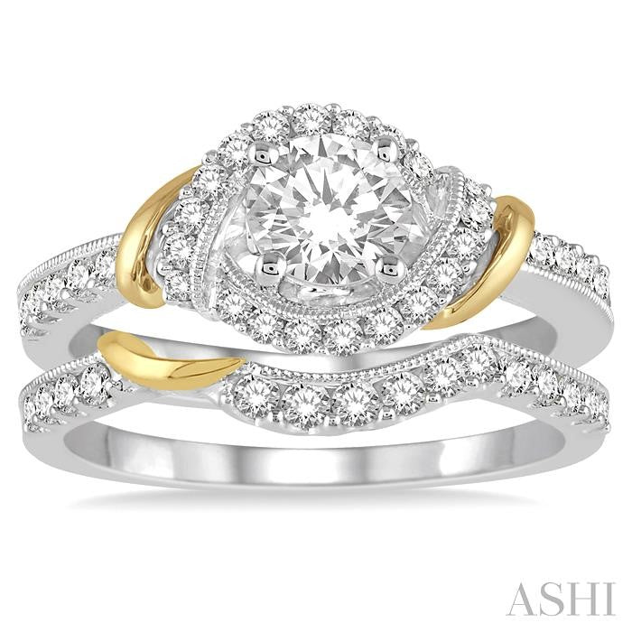 1 1/10 Ctw Diamond Bridal Set with 3/4 Ctw Round Cut Engagement Ring and 1/4 Ctw Wedding Band in 14K White and Yellow Gold