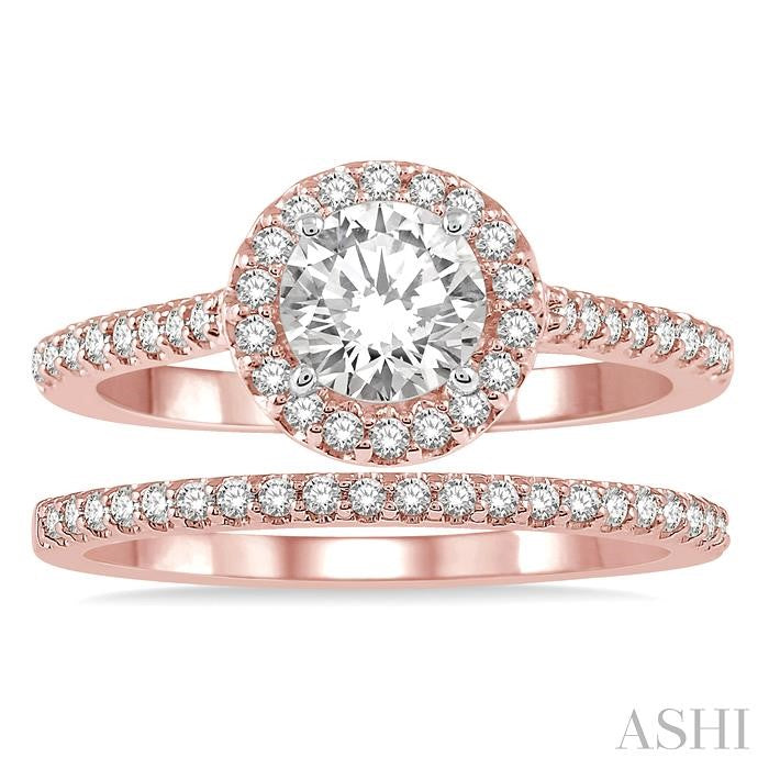 7/8 Ctw Round Cut Diamond Wedding Set With 3/4 Ctw Round Cut Engagement Ring and 1/6 Ctw Wedding Band in 14K Rose and White Gold