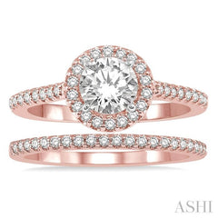 7/8 Ctw Round Cut Diamond Wedding Set With 3/4 Ctw Round Cut Engagement Ring and 1/6 Ctw Wedding Band in 14K Rose and White Gold