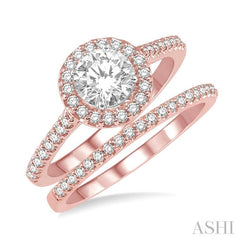 1/2 Ctw Diamond Wedding Set With 3/8 Ct Engagement Ring and 1/10 Ct Wedding Band in 14K Rose and White Gold