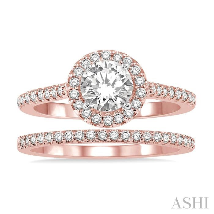 1/2 Ctw Diamond Wedding Set With 3/8 Ct Engagement Ring and 1/10 Ct Wedding Band in 14K Rose and White Gold