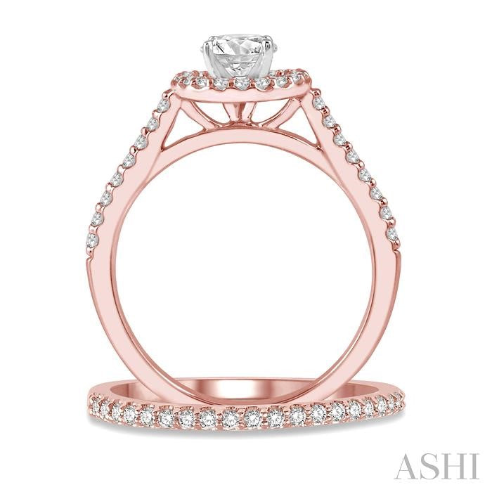 1/2 Ctw Diamond Wedding Set With 3/8 Ct Engagement Ring and 1/10 Ct Wedding Band in 14K Rose and White Gold