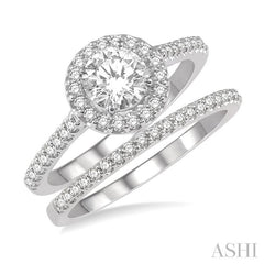 1/2 Ctw Diamond Wedding Set With 3/8 Ct Engagement Ring and 1/10 Ct Wedding Band in 14K White Gold