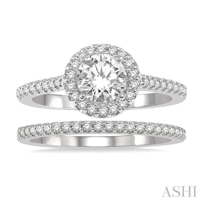 1/2 Ctw Diamond Wedding Set With 3/8 Ct Engagement Ring and 1/10 Ct Wedding Band in 14K White Gold
