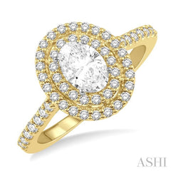 1/2 Ctw Oval Shape Semi-Mount Double Row Diamond Engagement Ring in 14K Yellow and white gold