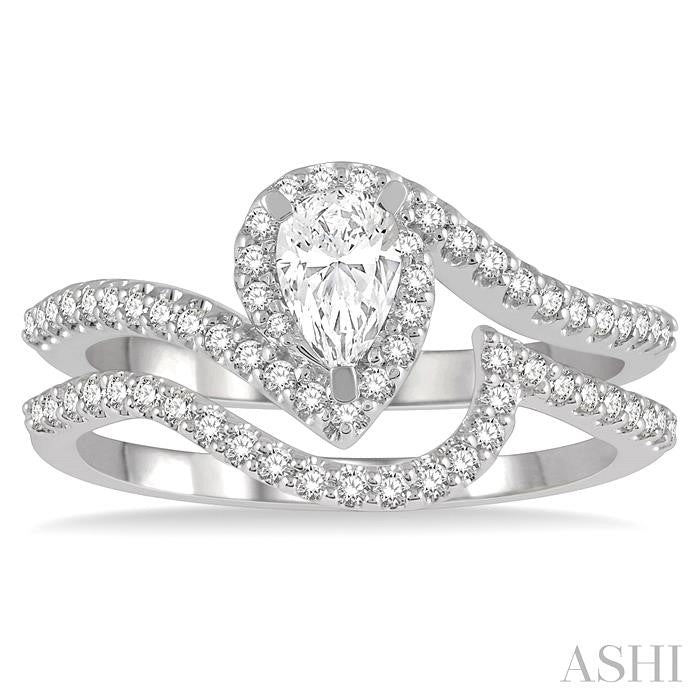 5/8 Ctw Diamond Wedding Set With 1/2 Ctw Pear Shape Engagement Ring and 1/6 Ctw Wedding Band in 14K White Gold