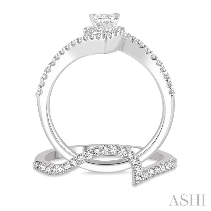 5/8 Ctw Diamond Wedding Set With 1/2 Ctw Pear Shape Engagement Ring and 1/6 Ctw Wedding Band in 14K White Gold