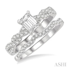 1 1/10 Ctw Diamond Wedding Set With 7/8 Ctw Twisted Shank Emerald Cut Engagement Ring and 1/6 Ctw Curve Wedding Band in 14K White Gold