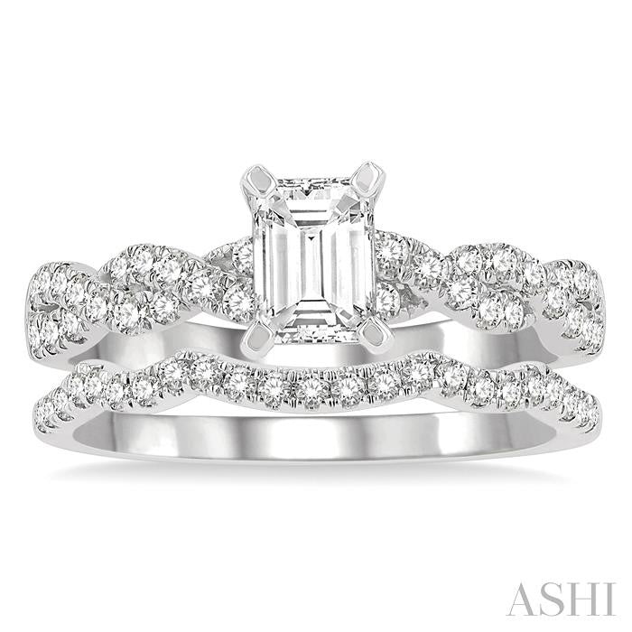 1 1/10 Ctw Diamond Wedding Set With 7/8 Ctw Twisted Shank Emerald Cut Engagement Ring and 1/6 Ctw Curve Wedding Band in 14K White Gold