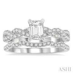 1 1/10 Ctw Diamond Wedding Set With 7/8 Ctw Twisted Shank Emerald Cut Engagement Ring and 1/6 Ctw Curve Wedding Band in 14K White Gold