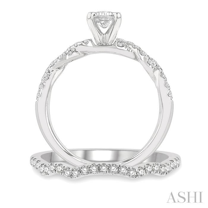 1 1/10 Ctw Diamond Wedding Set With 7/8 Ctw Twisted Shank Emerald Cut Engagement Ring and 1/6 Ctw Curve Wedding Band in 14K White Gold