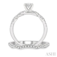 1 1/10 Ctw Diamond Wedding Set With 7/8 Ctw Twisted Shank Emerald Cut Engagement Ring and 1/6 Ctw Curve Wedding Band in 14K White Gold